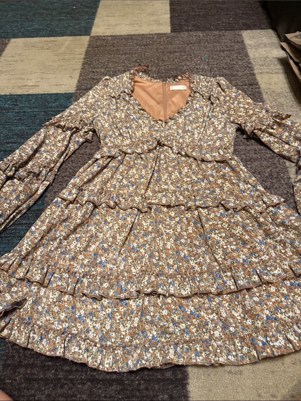 Altar'd State Brown Floral Long Sleeve Tiered Dress